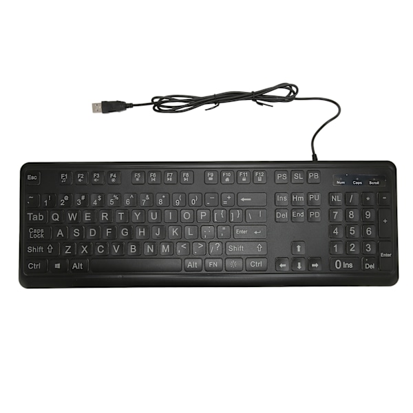 Stort tangentbord med stora, feta bokstäver, 104 tangenter, standardstorlek, USB-anslutning, vit, bakgrundsbelyst tangentbord för dator