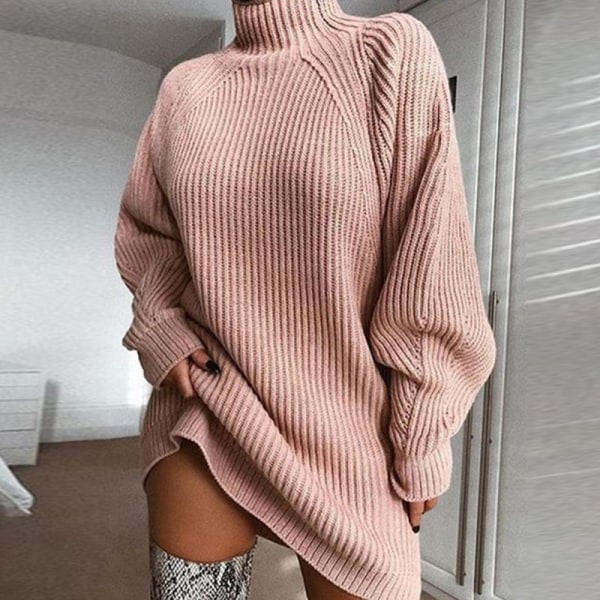 BE-Womens sweaterkjole rullekrave kabelstrik Plus Size fest sexet minikjole Pink XXL