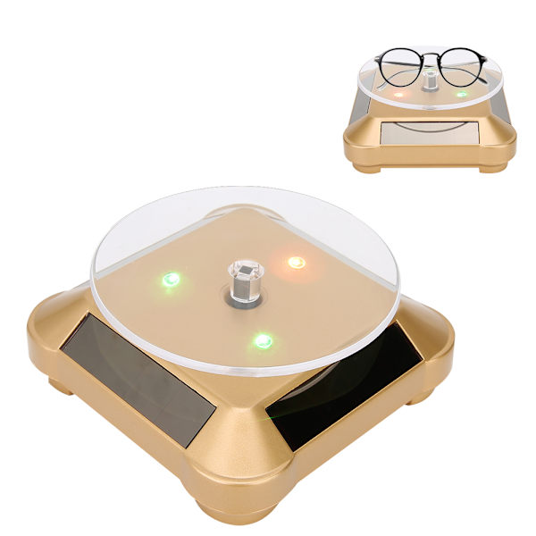 Solcellsdriven LED Elektrisk Roterande Turntable Displayställ för Smycken Telefon Guld med Ljus