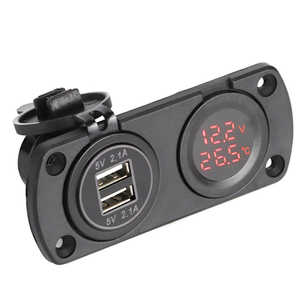 Temperatur Voltmeter Lader Bil Dobbel USB 12V Strømuttak Sigarettenneruttak Rød