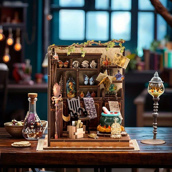 【BEMS】DIY 3D Bokhörnssats Skrivbordsdekorativ Modellprydnad Stugstil Träpussel Potion Workshop