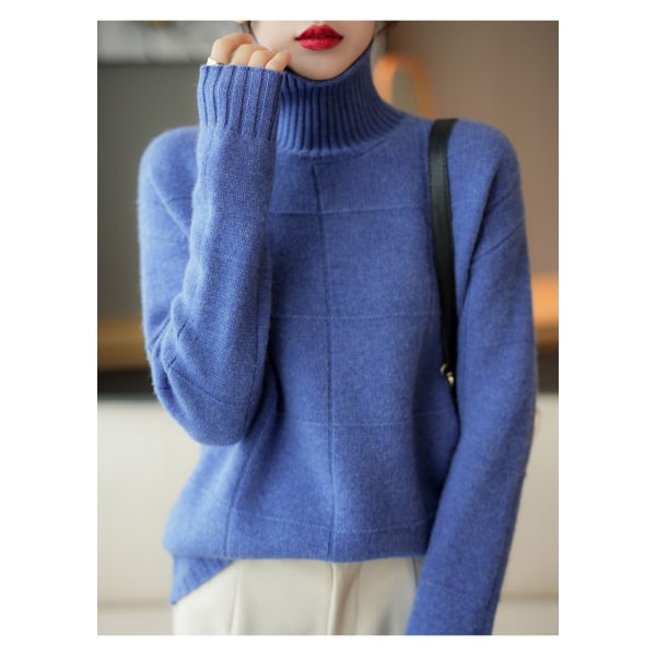 BE-Damesweater Merinouldstrikstrikketøj Turtleneck Langærmede Ensfarvede Pullovere Kvindetrøjer blue