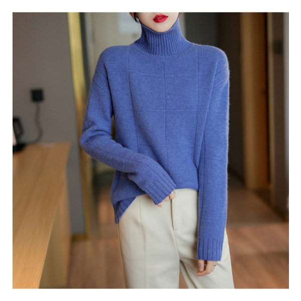BE-Damesweater Merinouldstrikstrikketøj Turtleneck Langærmede Ensfarvede Pullovere Kvindetrøjer blue