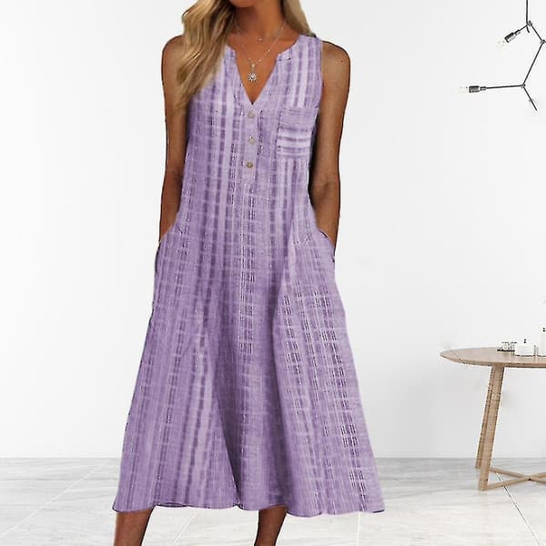 Dame sommerkjole med lommer, knapper, avslappnet, løs, ermeløs midikjole Gray 2XL