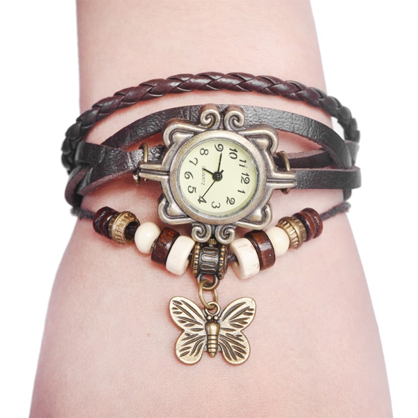 Braid Weave PU Armband Quartz Analog Watch Armbandsur med Butterfly Pendant (Kafferem)/