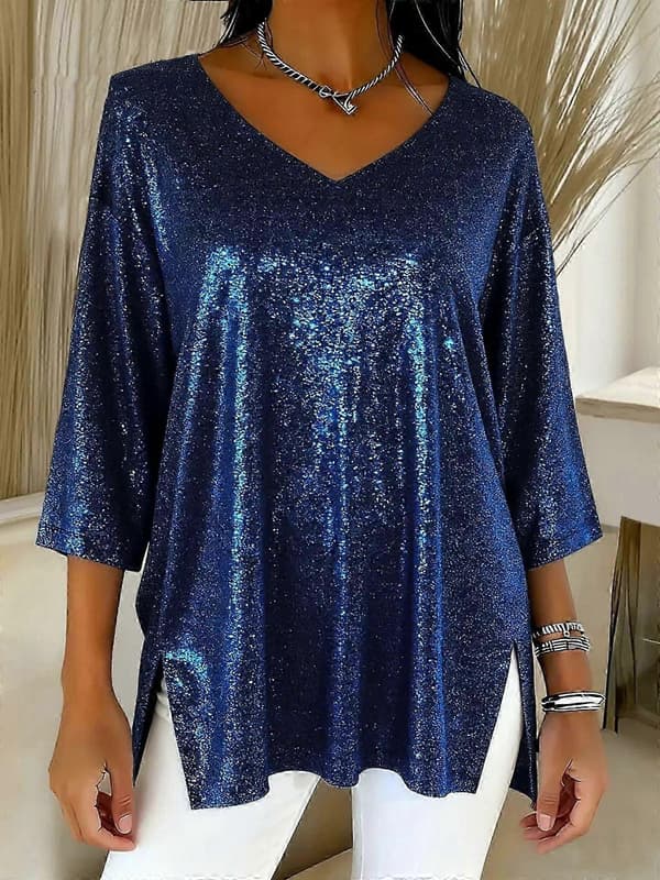 Casual Lös Paljettpullover med Trekvartsärm V-ringad Paljettopp Damkläder Blue S