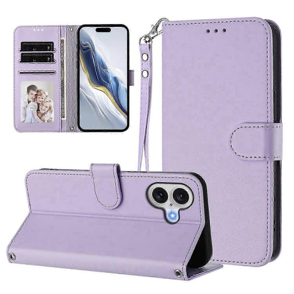 17 Læderpung-etui med stativ og håndledsrem til telefonen Light purple Light Purple