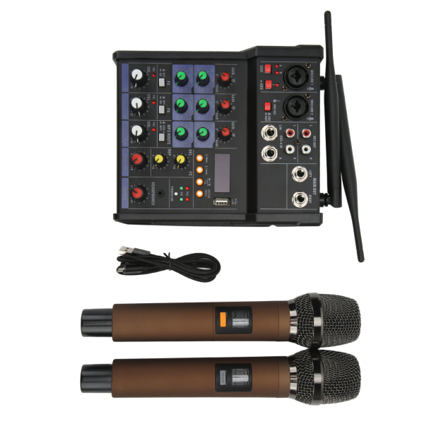 4-kanals lille Bluetooth stereomixer med 2 trådløse mikrofoner Familie stereoprocessor til livestreaming /