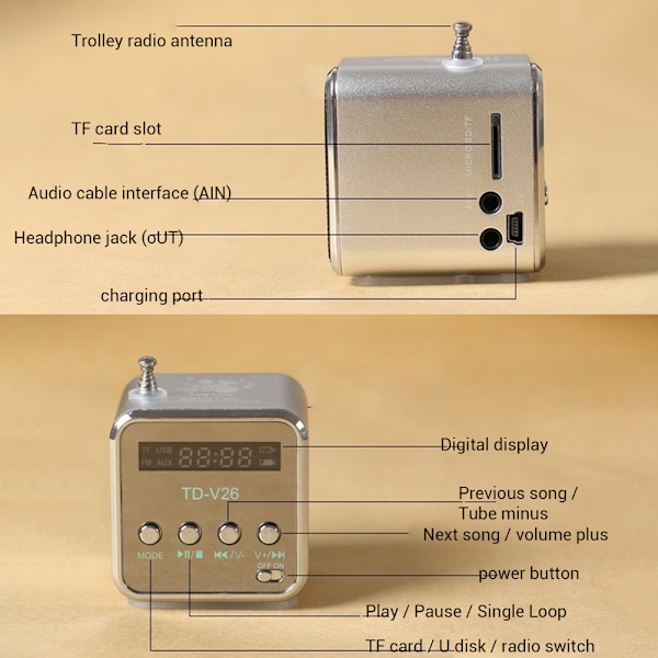 Kannettava TD V26 Digitaalinen Radiokaiutin Mini FM-radion vastaanotin LCD-stereokaiuttimella, tukee Micro-muistikorttia