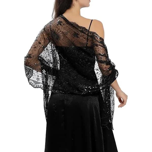 【BEMS】Sequined Stars, Moons, Shawls and Wraps Compatible with Evening Dresses, Glitter Mesh Cut Compatible with Weddings, Black