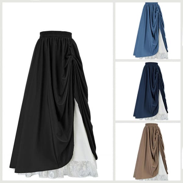 JWL-Kvinnor Retro Medeltida Elastisk Spets Hög Midja Boho Maxikjol Vardaglig Dragsko A Flickor Pennkjol Set Lång Jeanskjol Liten Black S