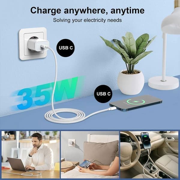 Hurtiglader 35W E.F.Connection USB-C Kabel 2M Kompatibel med iPhone 17, 17 Pro, Pro Max, 16, 15 Vit