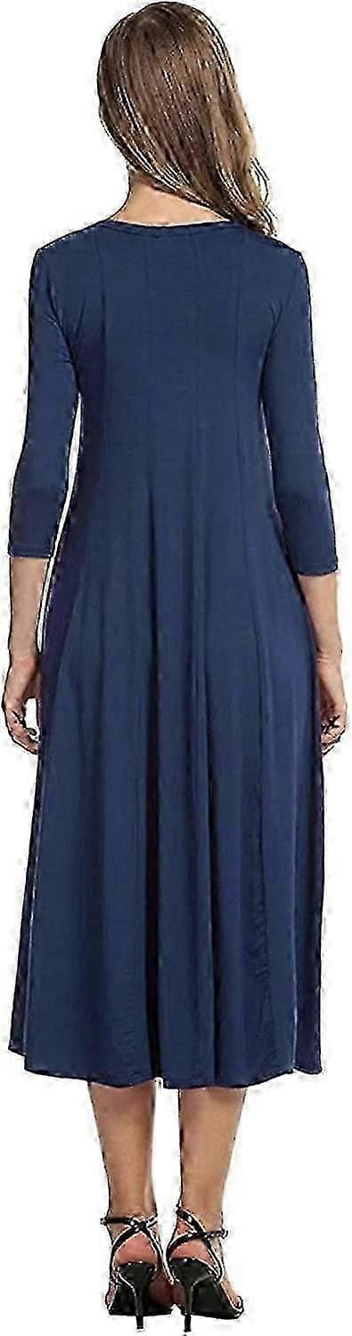 Damekjole med 3/4-ermer og A-linjeform og utsvingt midikjole_ms633d Blue M