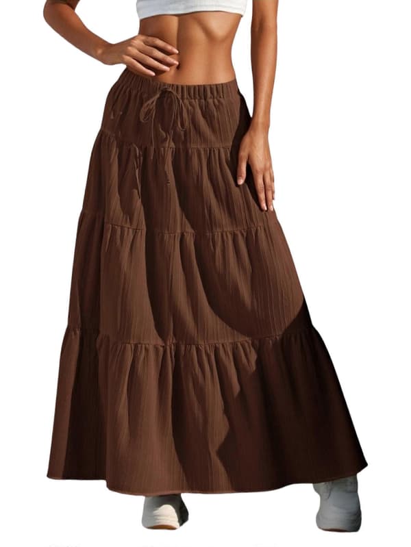 Dame Boho Flowy Maxi Nederdel Flared Flæse Elastik Talje Sommer A-linje Forår Lange Nederdele Brun L Brown L