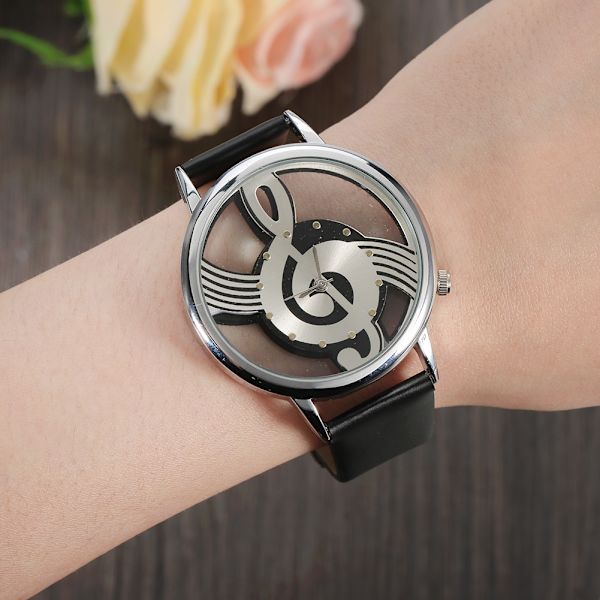 Quartz Analog Par Ur Par Rundt Hul Musiknote Urtavle PU Rem Armbåndsur (Sort Rem)