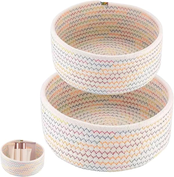 Set med 2 flätade förvaringskorgar i bomullsrep, Ø 21 x 9 cm, runda, för skötbord, bomullsorganisation, stapelbara