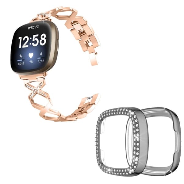 Fitbit Sense / Versa 3 X-format klockarmband med strassdekoration och grått lock - Roséguld Pink pink
