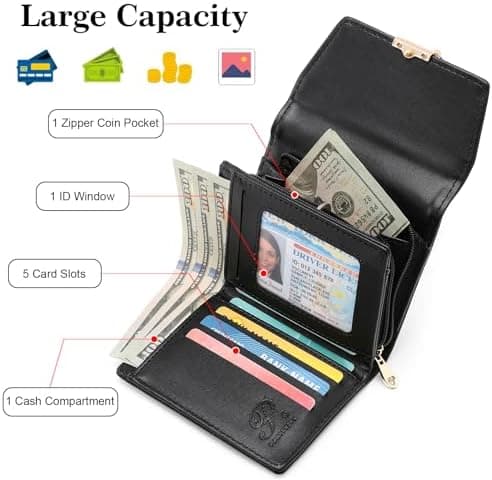 Women's Leather RFID Blocking Card Holder Compact Wallet Zipper Coin Pocket with ID Window