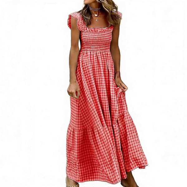 【BEMS】Kvinders Retro Ternet Plisseret Stroppe Flæse Maxi Kjole Rød M Red M