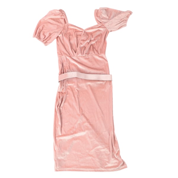 Kvinner Fløyelskjole Belte Midje Kort Puff Sleeve Bodycon Velvet Pencil Dress for Kvinne Rosa XL