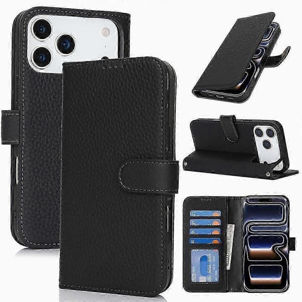 iPhone 17 Pro Max ægte læder stativcover med litchi-tekstur og RFID-sikkerhed, ryx04 Black