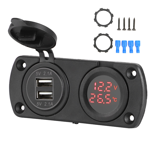 Temperatur Voltmeter Lader Bil Dobbel USB 12V Strømuttak Sigarettenneruttak Rød