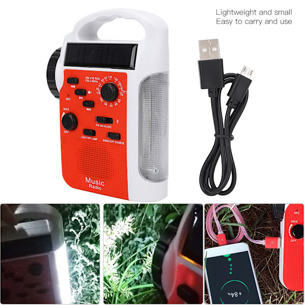 Solcellsdriven Bärbar Handvev Multifunktionell AM FM Radio Mobiltelefon Powerbank LED Ficklampa Nödlarm (Röd)