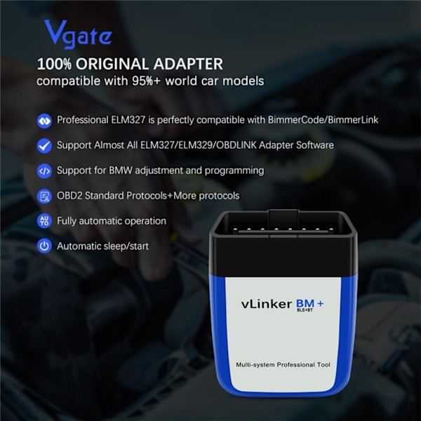 Vgate Vlinker BM + OBD2 V2.2 Bluetooth Dual Mode 4.0 Diagnostic Automobile Fault Detector kompatibel för Android/för IOS
