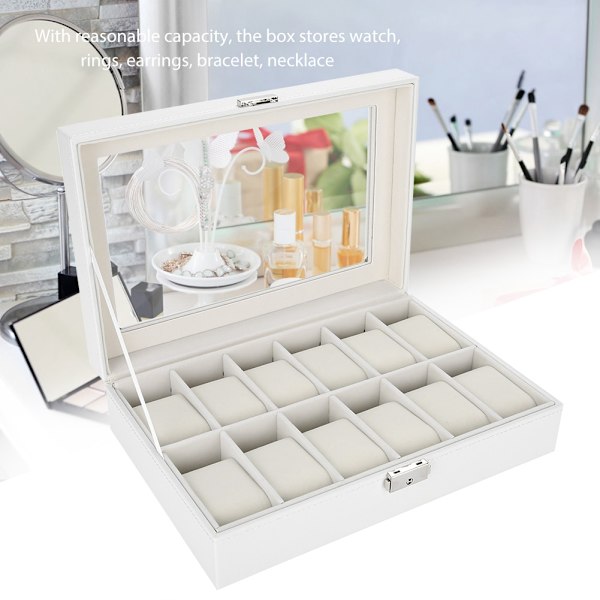 12 Fack PU-Läder Urhållare Armbandsur Displayfodral Smycken Present Förvaringslåda Organizer