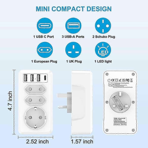 7-i-1 rejseadapter med 3 USB og USB-C - Dubai Malaysia Irland stikadapter (type G)