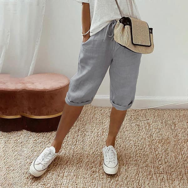 Bermudashorts for kvinner, snøring, elastisk midje, knelange shorts, bomullslin, lys grå L Light Gray L