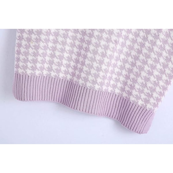 BE-Houndstooth-mønster strikket sweatervest for kvinder, ærmeløs, løs V-hals 90'er-vest Pullover strikket top Purple L