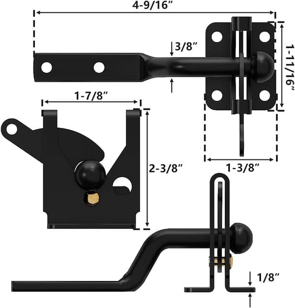 Self-locking Carbon Steel Fence Gate Latch, Black/Post Mount with Stainless Steel Spring Pull