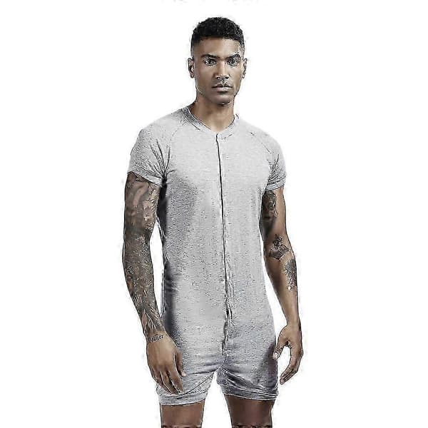 Herr Kortärmad Onesie Button Down Jumpsuit Pyjamas Stretchig Träningsoverall BLACK M