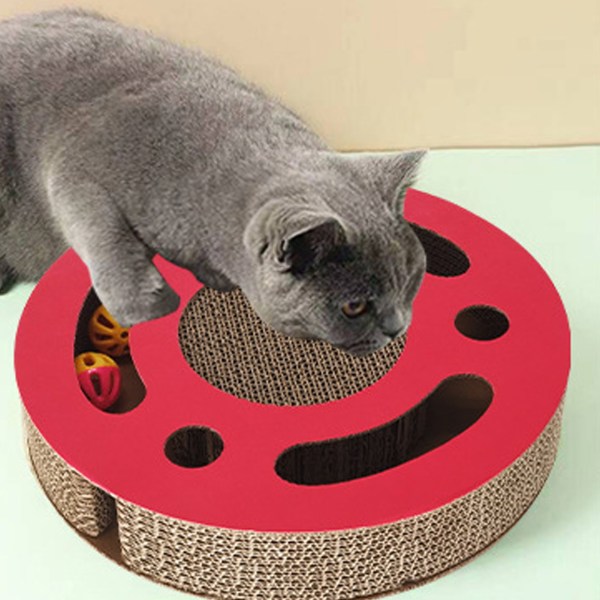 TIMH Cat Scratcher Pad Legetøj 3 i 1 interaktivt fortykket rund bølgepap killing kradselegetøj med klokkebold rød