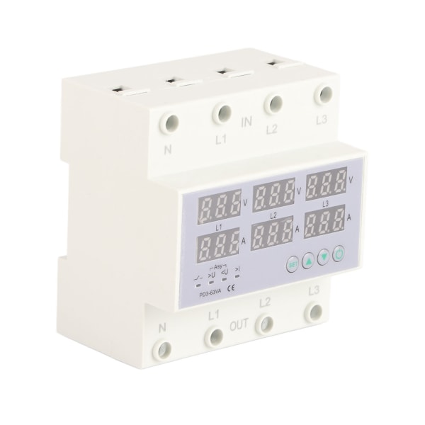 3-fas DIN-skena voltmeter Amperemeter Automatisk överspänningsöverströmsskydd AC 390‑500V 63A