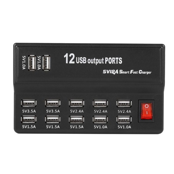 12 Porter USB Hub 5V 12A Strømadapter Ladestasjon Adapter Lader Hjem Reise USA Type++