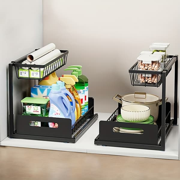 2-Tier Under Sink Organizer Heavy Duty Metal Pull Out Cabinet Shelf White Space Saving Bl Black 2 Pack