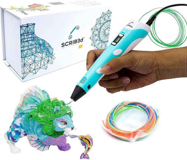 SCRIB3D P1 3D-utskriftspenn med display - Inkluderer 3D-penn, PLA-filament i 3 startfarger, sjablongbok + prosjektguide og strømadapter