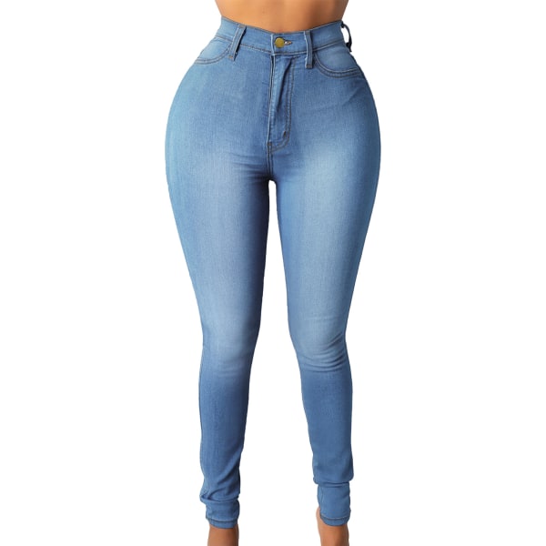 Jeansbyxor med hög midja med dubbla fickor Andas Snygga Casual jeansbyxor för kvinnor Blue S