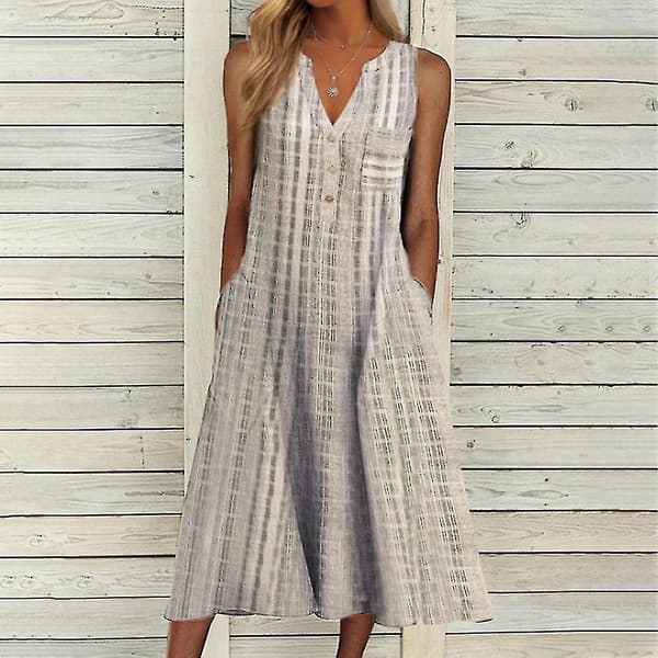 Dame sommerkjole med lommer, knapper, avslappnet, løs, ermeløs midikjole Gray M