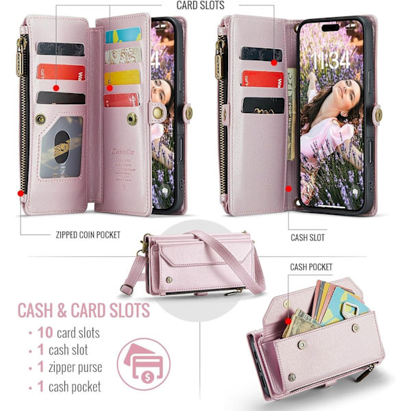 【BEMS】Plånboksfodral med dragkedja kompatibelt med iPhone 16 Plus Rosa