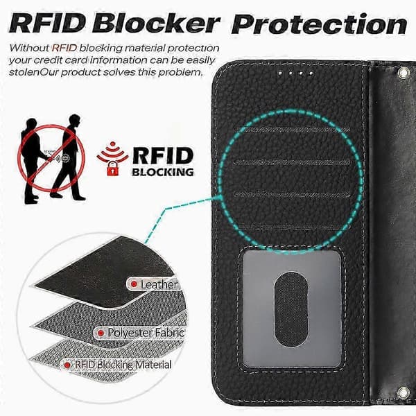 iPhone 17 Pro Max ægte læder stativcover med litchi-tekstur og RFID-sikkerhed, ryx04 Black