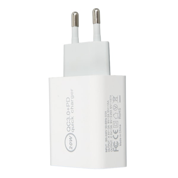 20W QC3.0 PD Hurtiglader Dobbelt Port Hurtigopladningshastighed Oplader til Dji Avata AC 100‑240V Hvid EU Stik 85x43x24mm