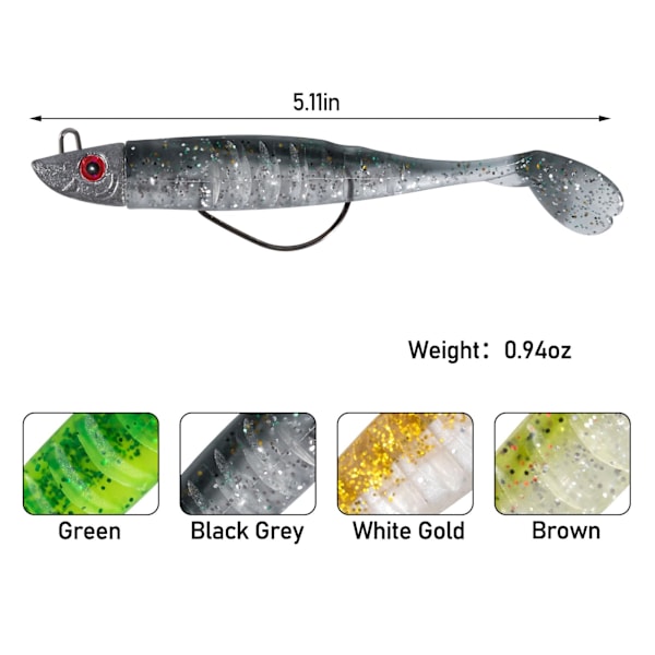 3-delat softbait jigghuvud med paddle tail softbait 13cm 26g