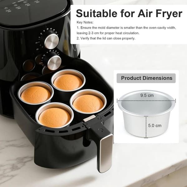 Sæt med 12 runde minikageforme (9,5 cm diameter), professionelle anodiserede aluminiumsbageforme, velegnet til ovn og airfryer, sølv