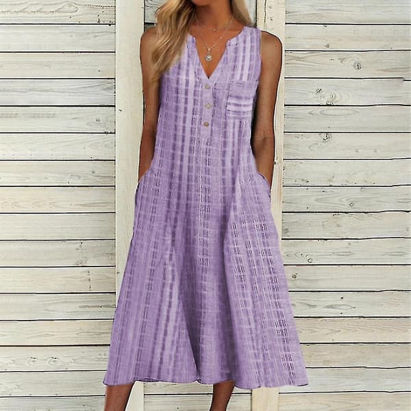 Dame sommerkjole med lommer, knapper, avslappnet, løs, ermeløs midikjole Violet L