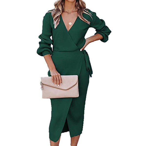 TIMH Naisten pitkä mekko Elegantti V-pääntie, pitkähihainen puhdasvärinen halkiohelma neulottu mekko vyöllä vihreä XL