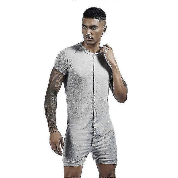 Herr Kortärmad Onesie Button Down Jumpsuit Pyjamas Stretchig Träningsoverall BLACK M