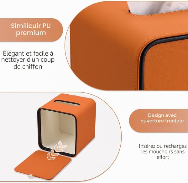 Firkantet læder-servietboks, servietdispenser til kontor, hjem, bil, badeværelse (orange)